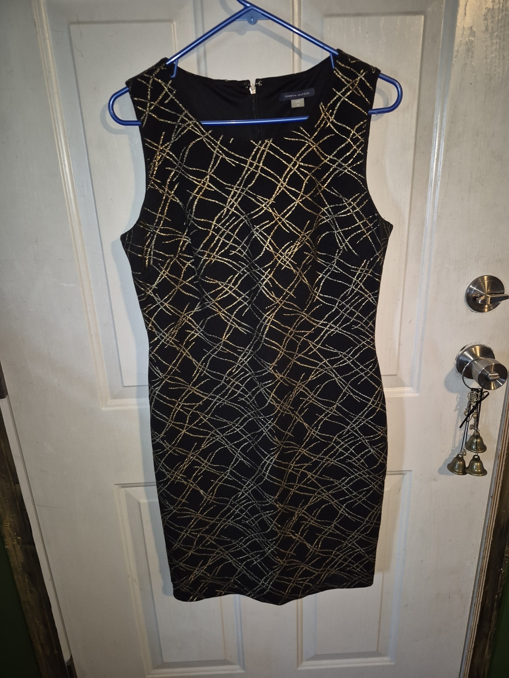 Tommy Hilfiger Black Gold Metallic Crosshatch Sheath Dress 10 NWOT